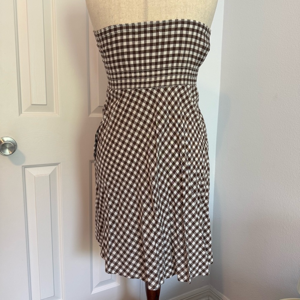 Brown and White Gingham Strapless Sundress - Picture 3 of 6